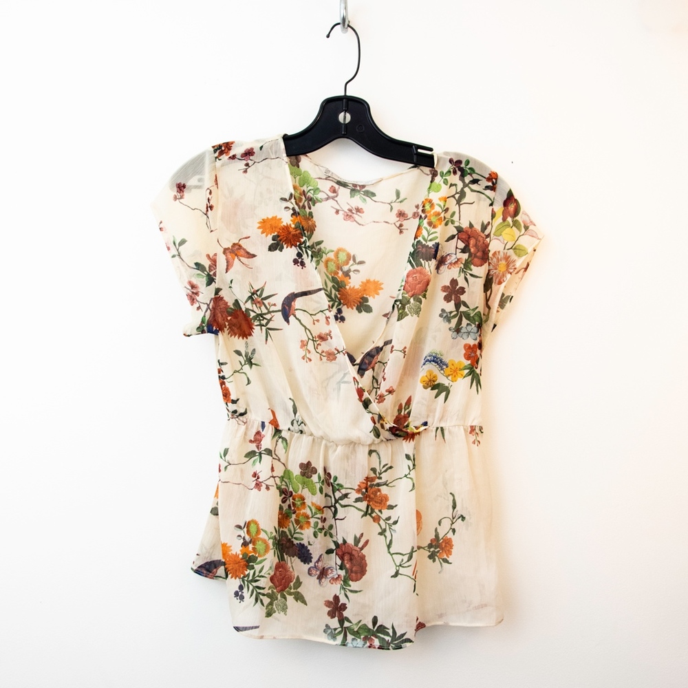 Zara Trafaluc sheer floral print blouse